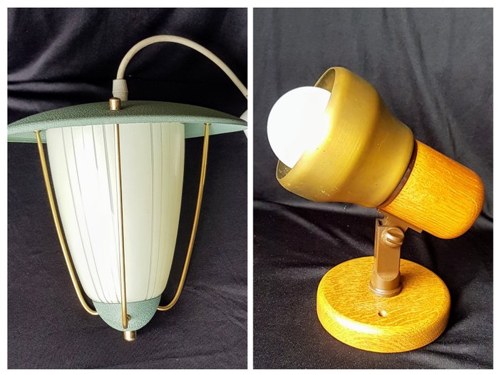 Lampă suspendată (2) - Lampa cu placa/lampa de perete - Alamă, Lemn, Sticlă