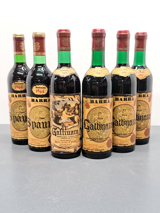 1961, 1967 x3 Gattinara, 1964 x2 Spanna - Barra Guido & Figlio - 皮埃蒙特 - 6 瓶子（0.72L）