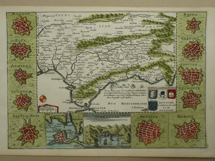 欧洲, 地图 - 西班牙 / 安达卢西亚 / 直布罗陀 / 加的斯 / 马拉加 / 格拉纳达; D. de la Feuille - Royaume d'Andalousie et de Grenade - 1701-1720