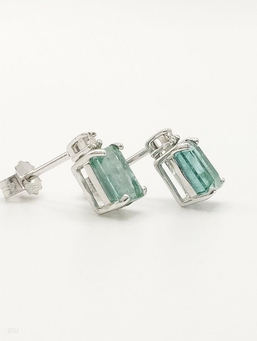 Zonder Minimumprijs - Oorbellen - 18 karaat Witgoud Smaragd - Diamant 
