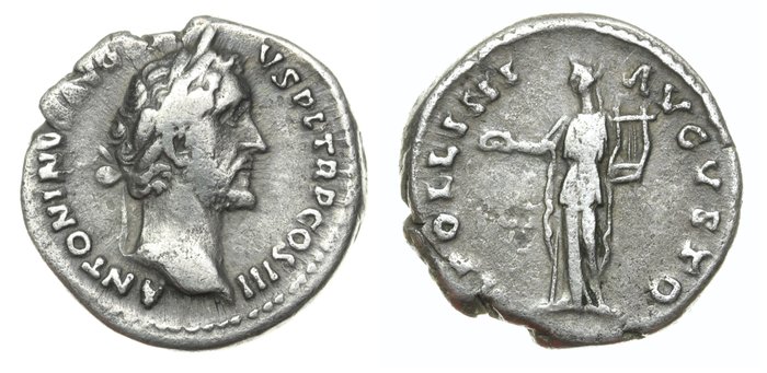 羅馬帝國. 安敦寧·畢尤 (AD 138-161). Denarius (Apollo). Rome mint 140-143 AD. / RIC 63Bc  (沒有保留價)