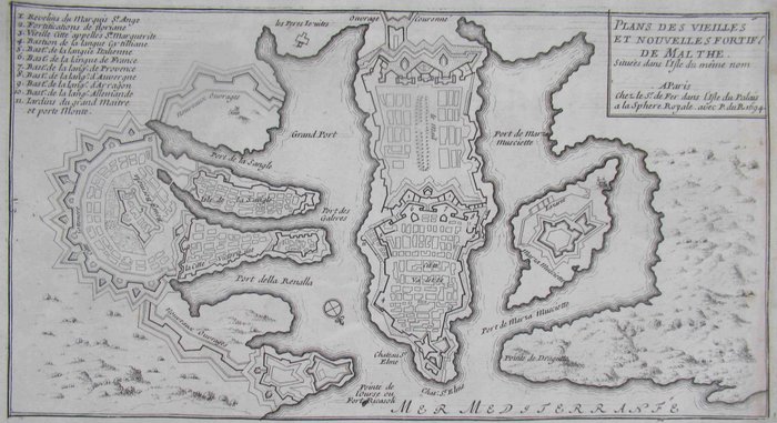 Europa, Hartă - Malta; Nicolas de Fer /  Harmanus Van Loon - Plans des vieilles et nouvelles fortif. de Malthe situèes dans l’Isle du même nom - 1681-1700