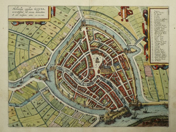Ολλανδία, Σχέδιο πόλης - Γκούντα; Lodovico Guicciardini / W. Blaeu - Hollandiae oppidum Gouda - 1601-1620