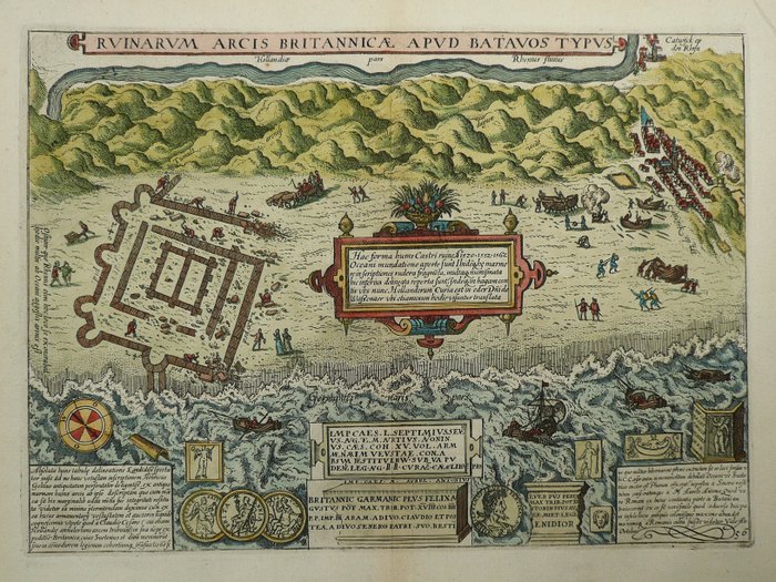Niederlande, Stadtplan - Katwijk; Lodovico Guicciardini / W. Blaeu - Ruinarum Arcis Britannica apud Batavos Typus - 1612