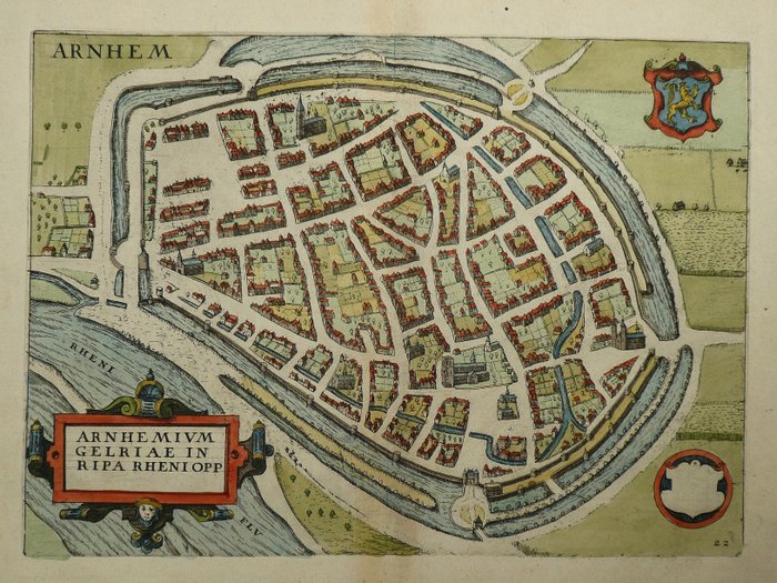 Nederland, Kaart - Arnhem; Lodovico Guicciardini / W. Blaeu - Arnhemium Gelriae in ripa Rheni opp - 1601-1620