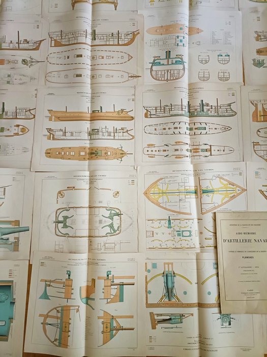 Ministére de la marine et des colonies - 20 Plans de navires de la marine Impériale, canons - 1874-1878