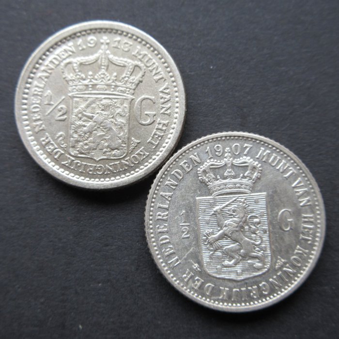 Niederlande. Wilhelmina (1890-1948). 1/2 Guldens 1907/1913 (2 stuks)  (Ohne Mindestpreis)