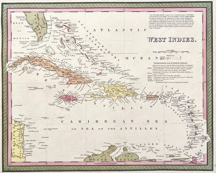 America, Mapa - Centroamérica / Cuba / Jamaica / Haití / Puerto Rico / Bahamas / Antillas / Florida / Curazao; H.M. Burroughs / S.A. Mitchell - West Indies - 1821-1850