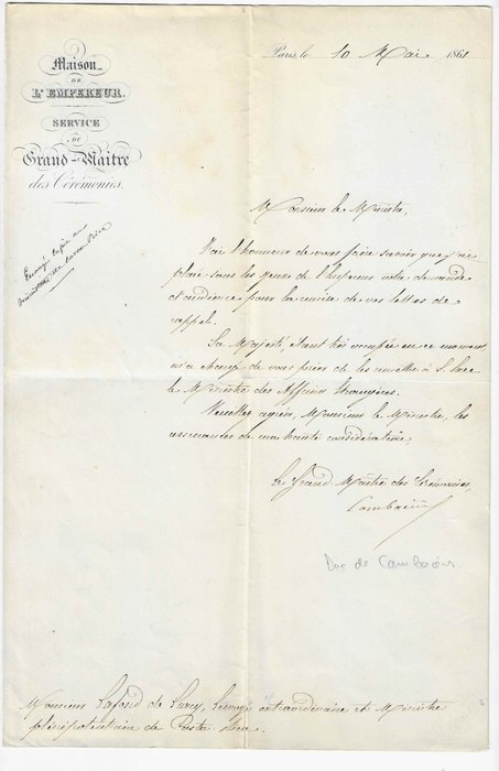 Cambacérès [Second Empire] - Lettre signée - 1861