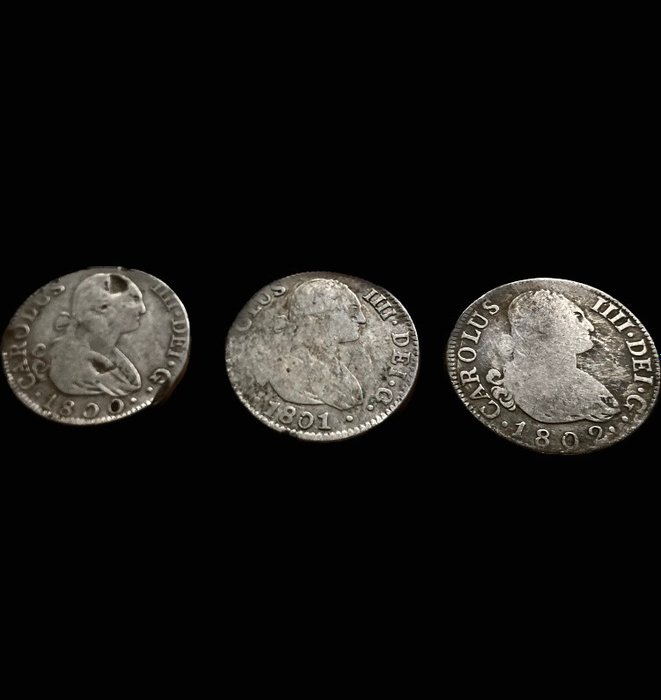 Spagna. Carlos IV (1788-1808). 2 Reales 1800 Madrid FA, 1801 Sevilla CN, 1802 Madrid FA (3 monedas)  (Senza Prezzo di Riserva)