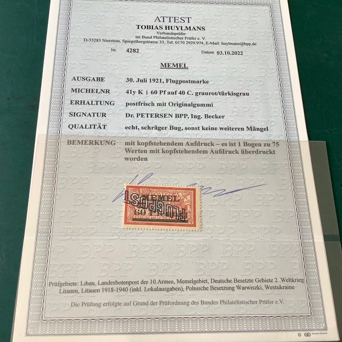 Memelin alue 1921 - 60 senttiä ylösalaisin käännetyllä Flugpost-päällyspainauksella - Huylemansin sertifikaatti - 75 - Michel 41 y K