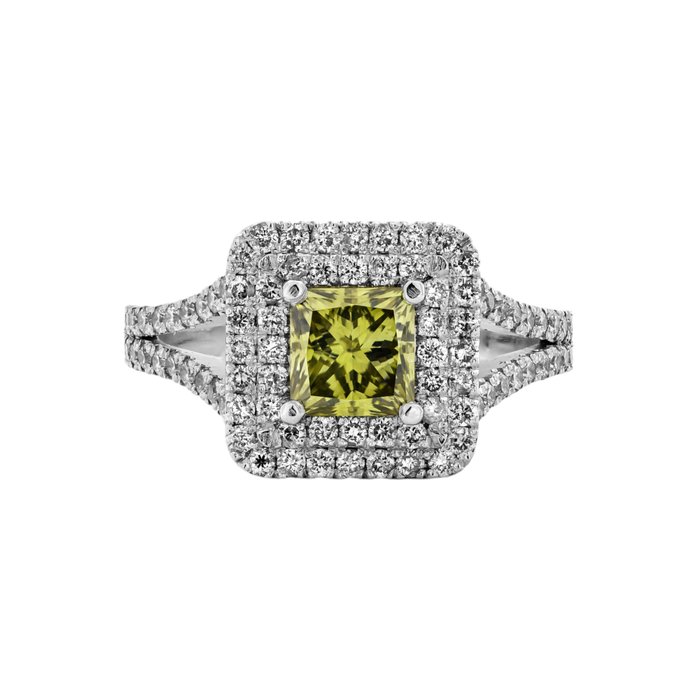 No Reserve Price - Ring - 14 kt. White gold -  1.77 tw. Green Diamond  (Natural coloured) - Diamond 
