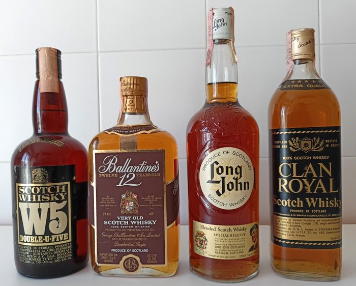 Long John + Clan Royal + Ballantine's 12yo + W5  - b. Anni ‘70 - 75cl - 4 bottiglie