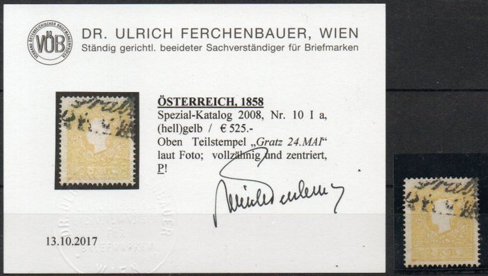 奧地利 1858 - ANK 10 Ia 獲得 Ferchenbauer 博士頒發的證書