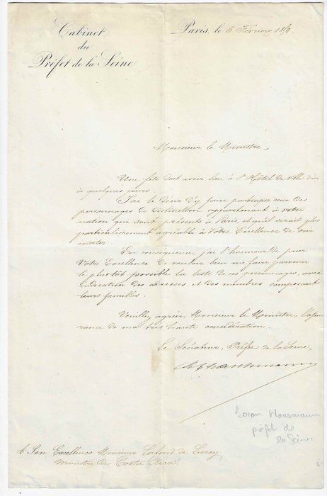 Le Baron Haussmann - Lettre signée - 1859