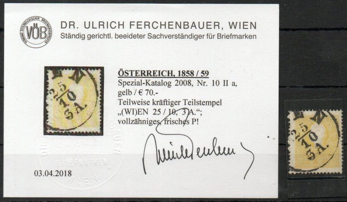 奥地利 1859 - ANK 10 IIa 获得 Ferchenbauer 博士颁发的证书