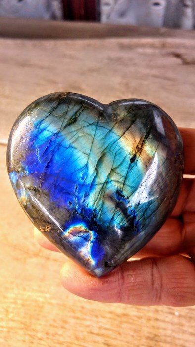 Labradorite, - Coeur Couleur doré + bleu ciel - Hauteur : 9 cm - Largeur : 9 cm- 382 g