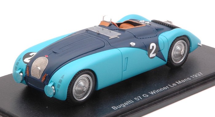 Spark 1:43 - Model samochodu wyścigowego - Bugatti 57 G #2 - W gablocie wystawowej, w opakowaniu blistrowym