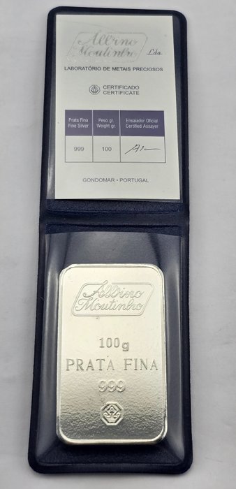 100 grammaa - Hopea .999 - Albino Moutinho - Sinetöity, mukana sertifikaatti  (Ei pohjahintaa)