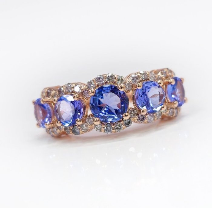 14K Rose Gold 2.70 ct Purplish Blue Tanzanite & 0.70 ct Light Pink N.Fancy Pink Diamond Ring - Anel - 14 K Ouro rosa -  2.70 tw. Tanzanita - Diamante 