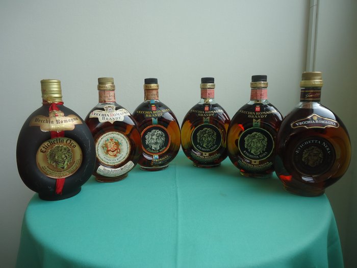Buton - Vecchia Romagna Brandy Etichetta Oro, Bianca & Nera  - b. 1960s-1990s - 70cl, 75cl - 6 bottles