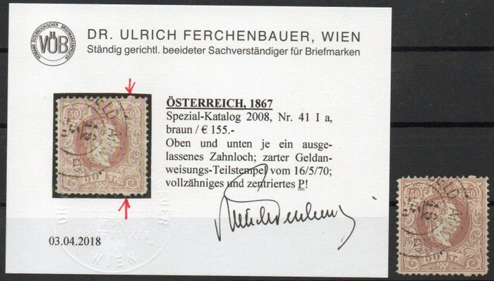 奥地利 1867 - ANK 41 Ia 型，由 Ferchenbauer 博士颁发证书
