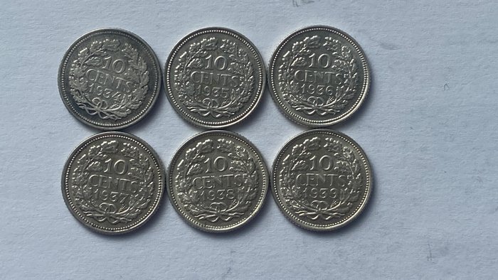 Netherlands. Wilhelmina (1890-1948). 10 cents 1934 t/m 1939  (No Reserve Price)