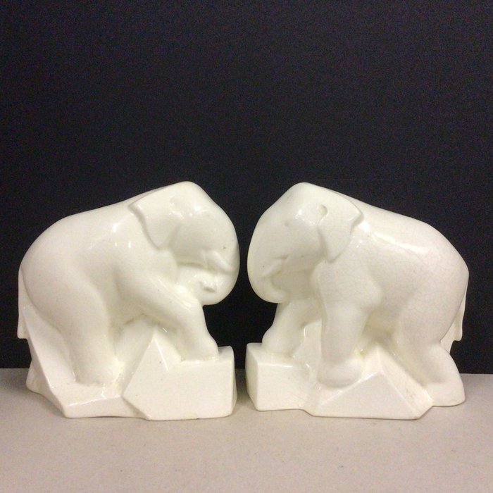 STR France - Buchstütze (2) - Elefanten - glasierte Cracquelée-Keramik