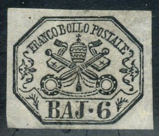 Antikke Italienske Stater - Kirkestaten 1852 - 6 baj lilla grå, gode marginer og certifikat. - Sassone N. 7A