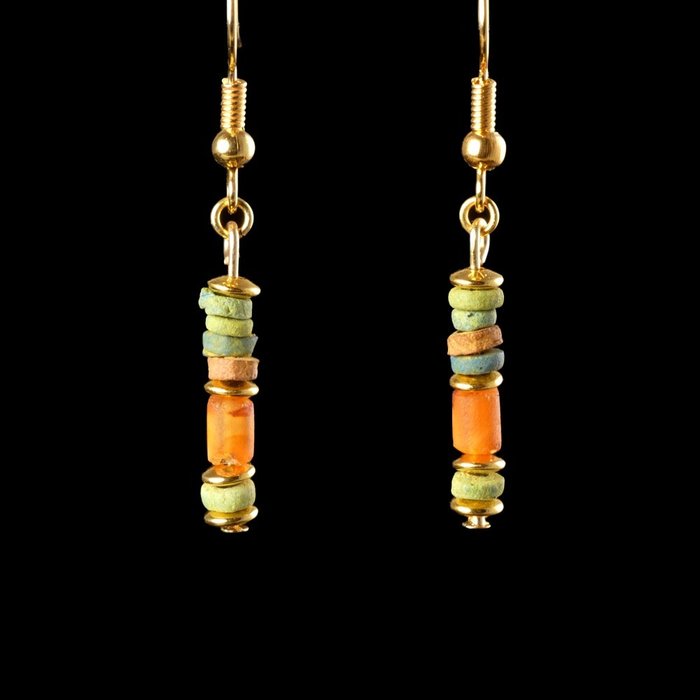Ancient Egypt, Greco–Roman Period Earrings with faience and carnelian beads  (No Reserve Price)