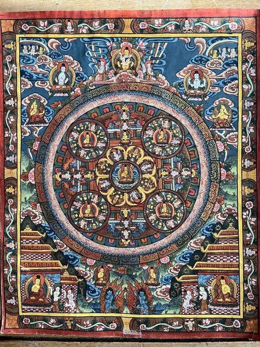 Mandala Thangka Budda -Siddhartha- Guatama 34,5 cm x 28 cm - ręcznie malowany - Nepal - Len - Nepal - People's Republic of China (1949 - present)