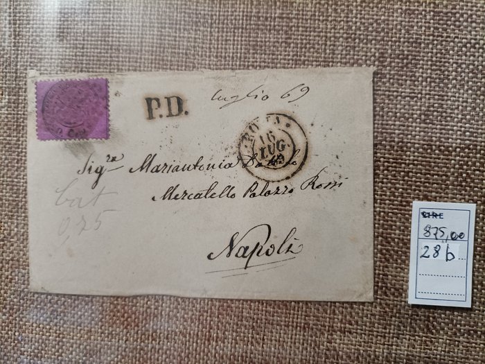 Starożytne państwa włoskie - Państwo papieskie 1869 - 20 centów za list z Rzymu do Neapolu - Sassone 28b