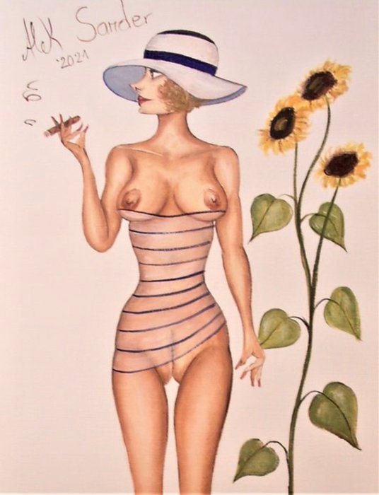 Alek Sander (XX-XXI) - Madame Cohiba mit Hut und Sonnenblumen