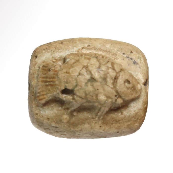 Égypte ancienne Stéatite Amulette en plaque de poisson avec hiéroglyphes porte-bonheur