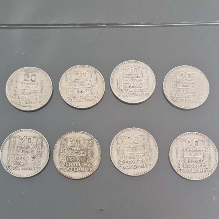 法國. 20 Francs 1929 Turin (lot de 8 monnaies en argent)  (沒有保留價)