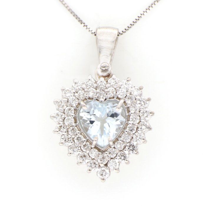 Ohne Mindestpreis - Halskette - 18 kt Weißgold, NEU -  0.65 tw. Diamant  (Natürlich) - Aquamarin 