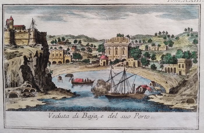 Europa, Kaart - Italië / Campanië / Napoli / Bacoli / Pozzuoli; T. Salmon - Veduta di Baja, e del suo Porto - 1721-1750