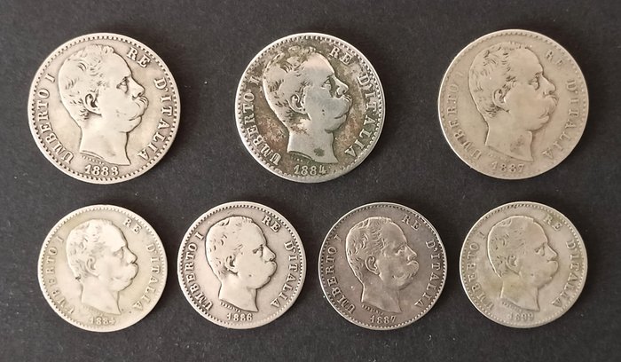 Italien, Kongeriget Italien. Umberto I di Savoia (1878-1900). 1 Lira / 2 Lire 1883/1899 (7 monete)  (Ingen mindstepris)