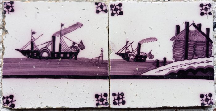 Azulejo - 2 azulejos antiguos con barco de vapor y barco de vapor en el pajar. - 1750-1800 