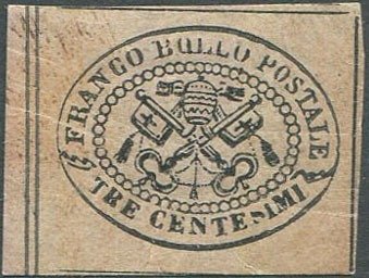 Antiguos Estados de Italia - Estado Pontificio 1867 - Emisión de 3 centavos II, amplios márgenes y certificado. - Sassone N. 14
