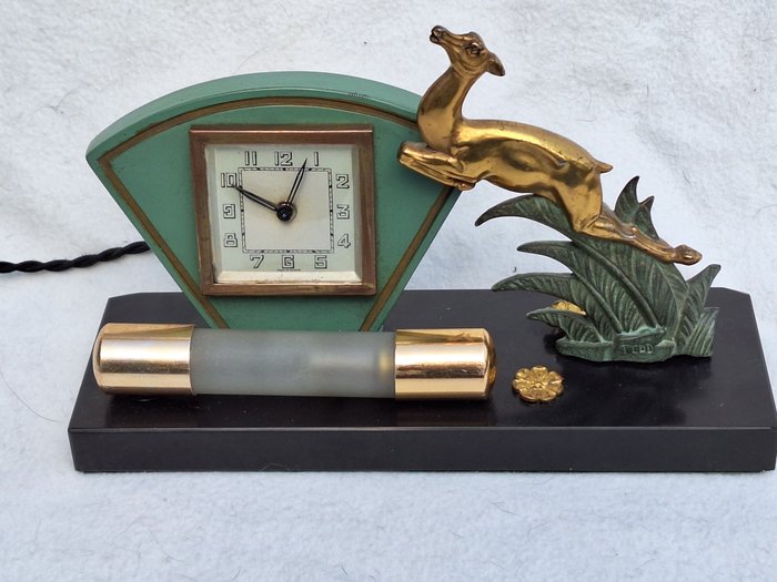 Art Deco Clock (alarm clock) with lamp - TCDD -   Multiple, metal and marble - 1950-1960