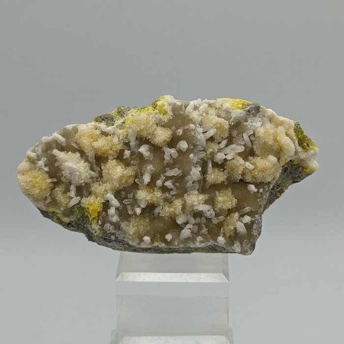 AZUFRE AMARILLO sobre CELESTINA BLANCA y ARAGONITA, Doble cara Cristales sobre matriz - Altura: 70 mm - Ancho: 53 mi- 109.11 g