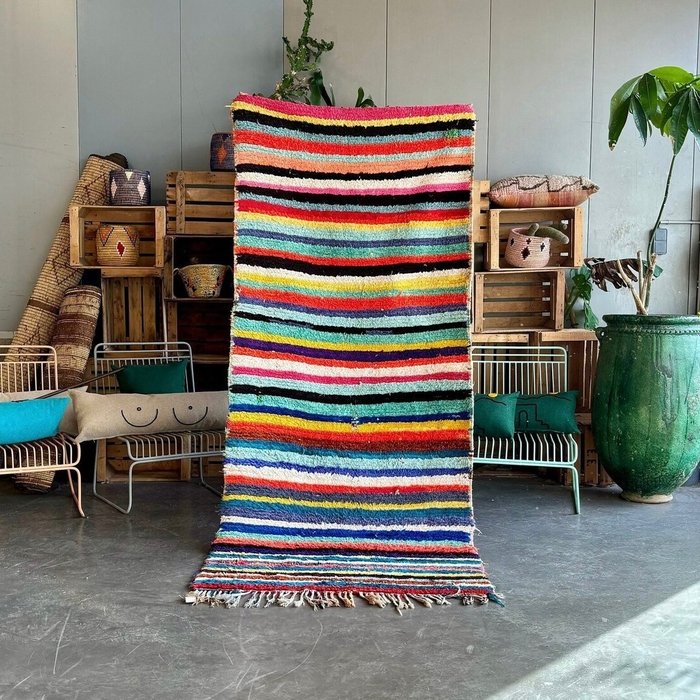 Boho Marokkaanse Berber Vintage Rug - Kleurrijk gestreept katoenen vloerkleed - Vloerkleed - 260 cm - 110 cm