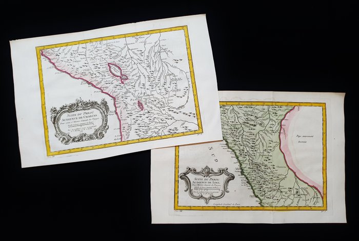 America, Mapa - América del Sur / Lima / Perú / Cuzco; La Haye / P. de Hondt / J.N. Bellin - [Lot of 2 maps] Suite du Perou, Audience de Charcas / Suite du Perou, Audience de Lima - 1721-1750