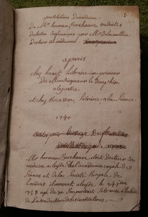 Herman Boerhaave; Julien Offray de la Mettrie [manuscrit] - Institutions de Médicine - 1735