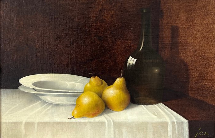 Jans (XX) - A still life of pears, plates and wine bottle