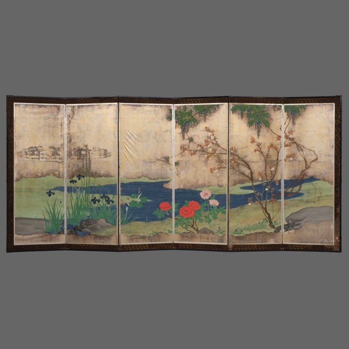 Byōbu屏風 - 銀葉、漆木、絲綢 - 日本 - 19世紀上半葉（江戶時代後期）