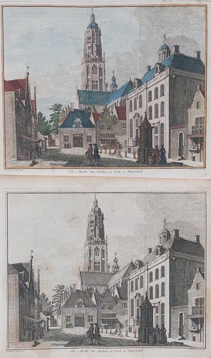Nederland, Kaart - Rhenen; Isaak Tirion - 2 kopergravures; "De Markt, het stadhuis en Kerk te Rhenen" - 1753