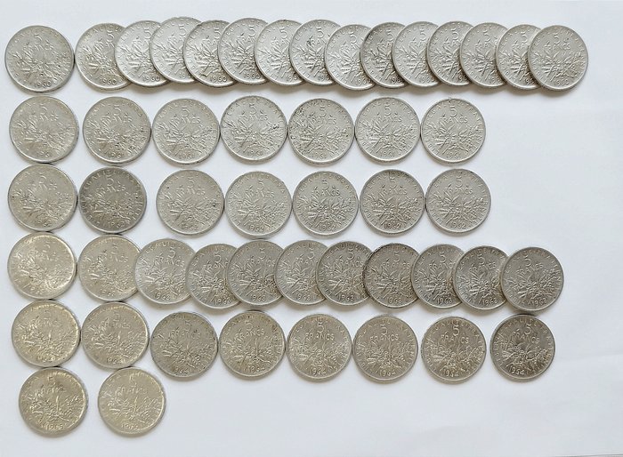 Γαλλία. 5 Francs 1960/1966 Semeuse (lot de 50 monnaies en argent)