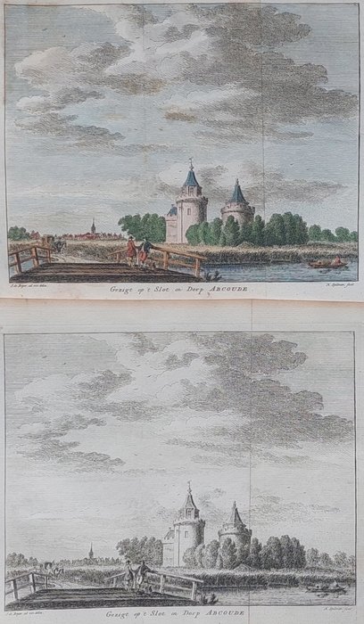 荷兰, 地图 - 阿布考德; Isaak Tirion - 2 kopergravures; "Gezigt op t Slot en Dorp Abcoude" - 1755